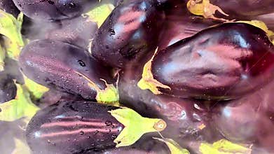 Video shows purple eggplants from fresh to cooking in a pot