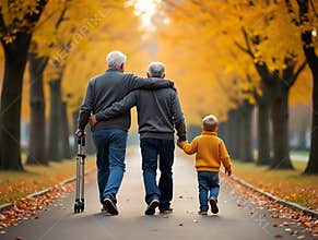 Senior Man with Walking Sticks, Adult Son & Grandson Walking Through Autumn Forest