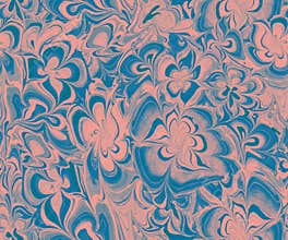 Ebru fluid flowers abstract seamless pattern in calm pink blue tones.