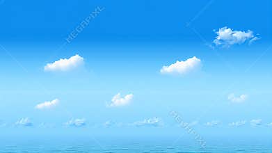 Expansive Gradient Sky Over Calm Ocean with Sparse Puffy White Clouds