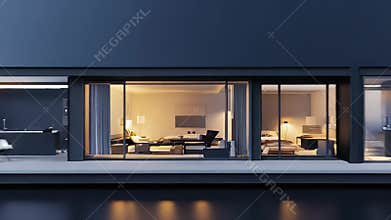 Modern overwater bungalow with illuminated interior at dusk