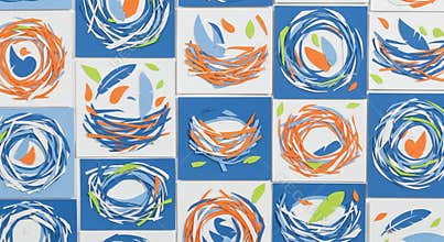 Charming Bird Nests Pattern with Blue and Orange Accents