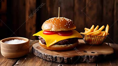 Classic Hamburger with Cheese and Tomatoes Served with Golden French Fries on Wooden Cutting Board