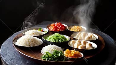 Steaming Colorful Toppings in Bowls on Wooden Tray in a Culinary Setup for Asian Cuisine Promotion