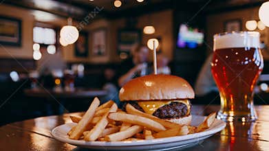 Relaxed tavern dining scene, Inviting closeup of traditional pub dishes and beverages setting, Comfort food and drink