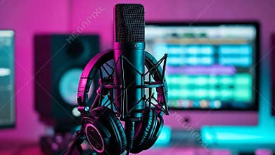 Professional Studio Microphone and Headphones for Podcasting with Neon Background