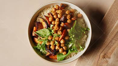 Colorful quinoa bowl with roasted vegetables and chickpeas. A nutritious meal option for healthy eating and plant-based