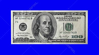 One hundred american dollars bill 3d spinning animation blue screen seamless looping