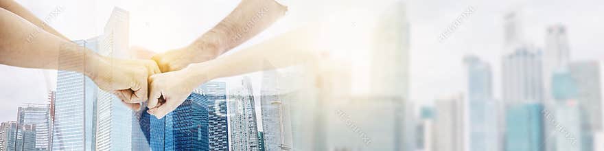 Double exposure Teamwork business join hand together concept, Image of hands in circle as symbol of their partnership and teamwork