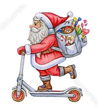 Santa Claus with scooter and gifts, isolated on white.