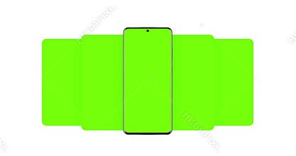 Smartphone with blank green sliding app screens isolated on white background