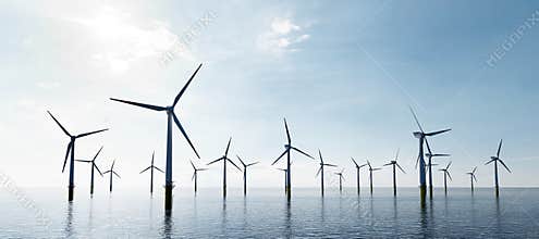 Offshore wind turbines farm on the ocean. Sustainable energy