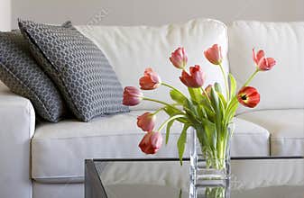 Red tulips in modern living room - home decor