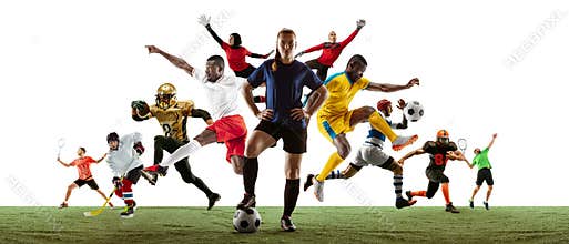 Sport collage of professional athletes or players isolated on white background, flyer