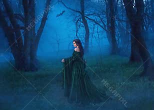 The seductive witch in a velvet blue robe with a long train walks through the night forest in search of the victim. The
