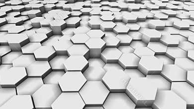 Flying at low angle over abstract mesh of hexagonal background in gray and white tones