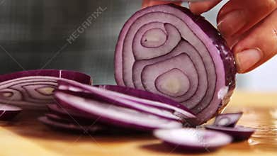 Cutting onions for cooking spaghetti Bolognese in the kitchen
