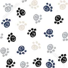 Seamless pattern with doodle dog paws. Black color animal print. Vector background.