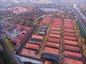 Aerial of Concentration camp Kz Auschwitz I in Poland Birkenau drone shot in Oswiecim. The most famous concentration