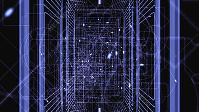 Slow Flying Inside Data Cyberspace. Camera Rotate Inside Virtual Space