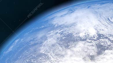 Earth and sun. The camera flies around the planet. The earth is approaching. A view from space.  Realistic atmosphere.