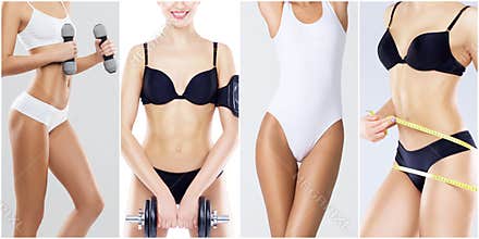 Sporty, fit and healthy female body in fitness collage. Young women in swimsuits isolated on white.