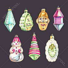 Christmas tree hanging ornaments, glass balls design elements, isolated on white background, watercolor illustration