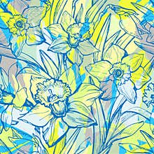 Floral seamless pattern with colored contours of flowers Daffodil