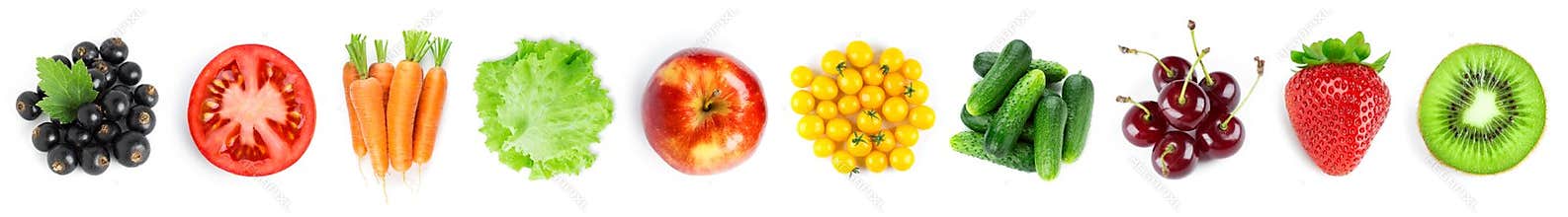Collection of fruits and vegetables on white background. Top view