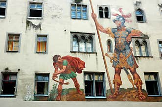 David and Goliath on the house wall ,Regensburg