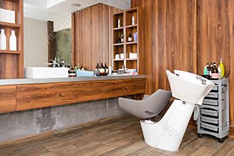 Hairdresser`s workplace. Modern beauty salon interior. Hair salon interior business. Work places for masters.