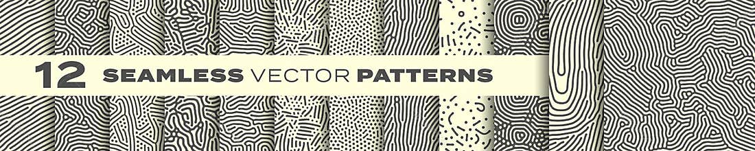 Abstract organic lines seamless patterns vector backgrounds set. Modern trendy creative memphis and biological patterns with dots