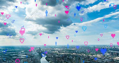 Heart Emoji icons flying up from buildings to the sky representing dating app. For social networks featuring digital