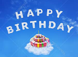 Happy birthday cake and sign made of cloud letters