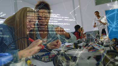 Females engineering students working with data processing and network of connections moving