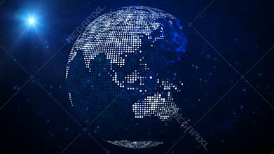 Square Shines Dotted Globe Earth World Map Of Asia And Australia Against Blue Shiny Sparkles Stars And Lens Flare
