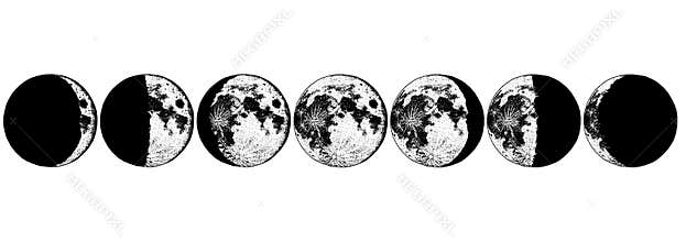 Moon phases planets in solar system. Astrology or astronomical galaxy space. Orbit or circle. Engraved hand drawn in old