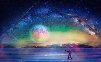 Man silhouette, meditation under stars, full moon, milky way, universe
