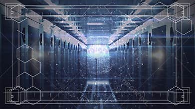 Animation of data processing and network of screens over computer servers in background