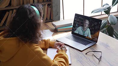 Smiling hispanic woman school teacher virtual teaching by zoom conference call.