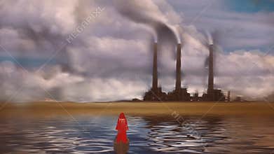 A figure in a red cloak float in a boat