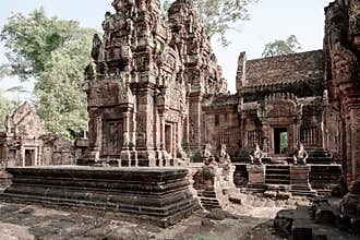 Temple Banteay Srei, Cambodia. Ruins of Hindu Temple Banteay Srei, Angkor Wat. Monkey guards at temple entrance. Vintaged style