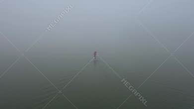 Thick fog. water. lake. stand surf. paddle.