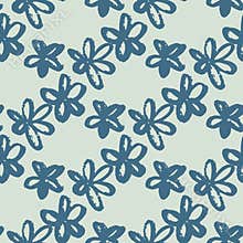 Navy blue grunge daisy flowers seamless pattern. Light blue background with check. Simple design
