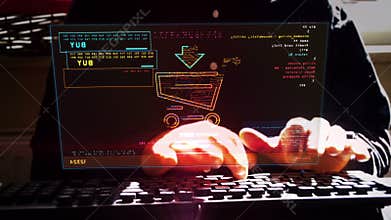 Man typing on keyboard with online shopping with cart symbol on hologram screen