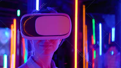 VR concept - woman using virtual reality headset at sci-fi exhibition