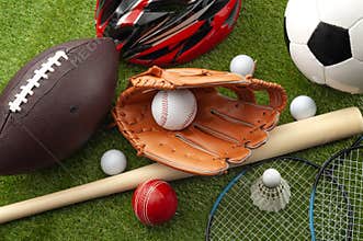 Sports shop, youth athletics and team sport competition conceptual idea with various types balls soccer, baseball, football, golf
