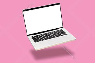Laptop computer mock up with empty blank white screen isolated on pink background. float or levitate laptop notebook with shadow.