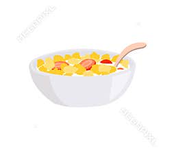 Corn flakes and strawberry in a bowl with milk and spoon isolated on white background.