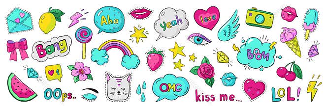 Doodle 90s stickers. Pop art fashion comic badges, trendy cartoon 80s kawaii icons. Vector lol rainbow cherry heart